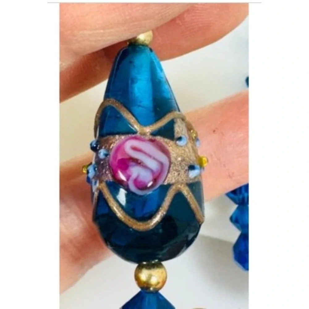 Vtg Venetian Wedding Cake Necklace Blue Pink Gold Glass 27